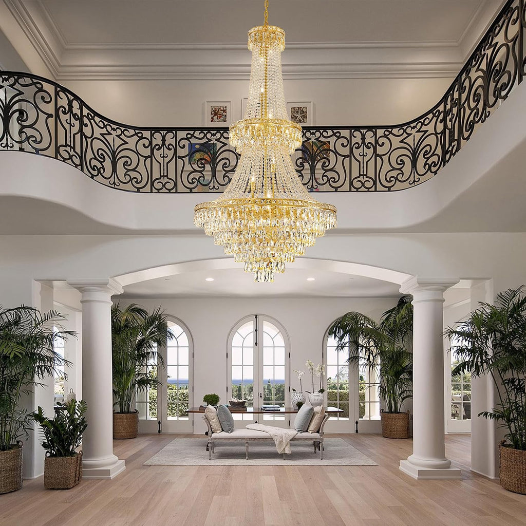 Large Gold Luxury Crystal Chandeliers 26 Lights Modern Chandelier for High Ceilings Crystal Pendant Light Fixture Foyer Staircase Hallway Entryway Banquet Hall Lobby 63" H x 30.7" D