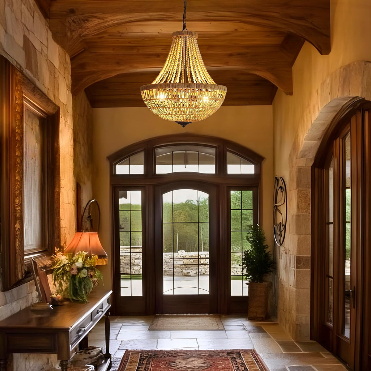 22" Wood Beaded Chandelier Boho Farmhouse Pendant Light for Dining Room