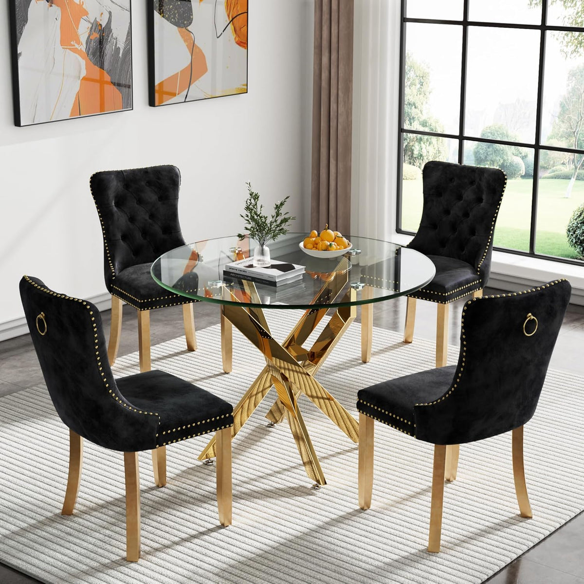 Henf 5 Piece Dining Table Set for 4, Glass Round Dining Table with 4 Black Fabric Dining Chairs, 36'' Round Gold Dining Room Table Set for Small Space, Compact Kitchen Table and Chair Set for 4