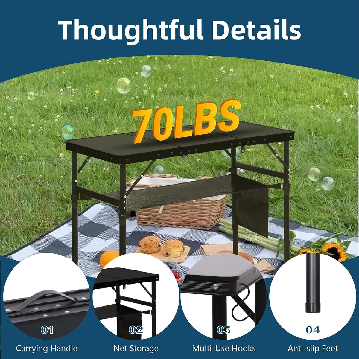LOFTEY 3 ft Folding Camping Table, Portable Camp Table, Adjustable Height
