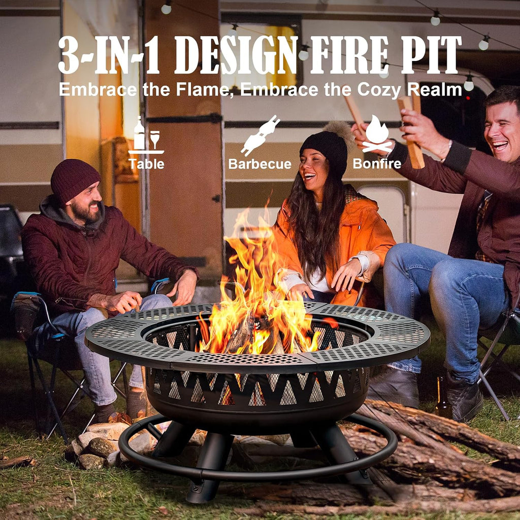 36 Inch Outdoor Fire Pit with 2 Grills,Wood Burning Outside Large Fireplace