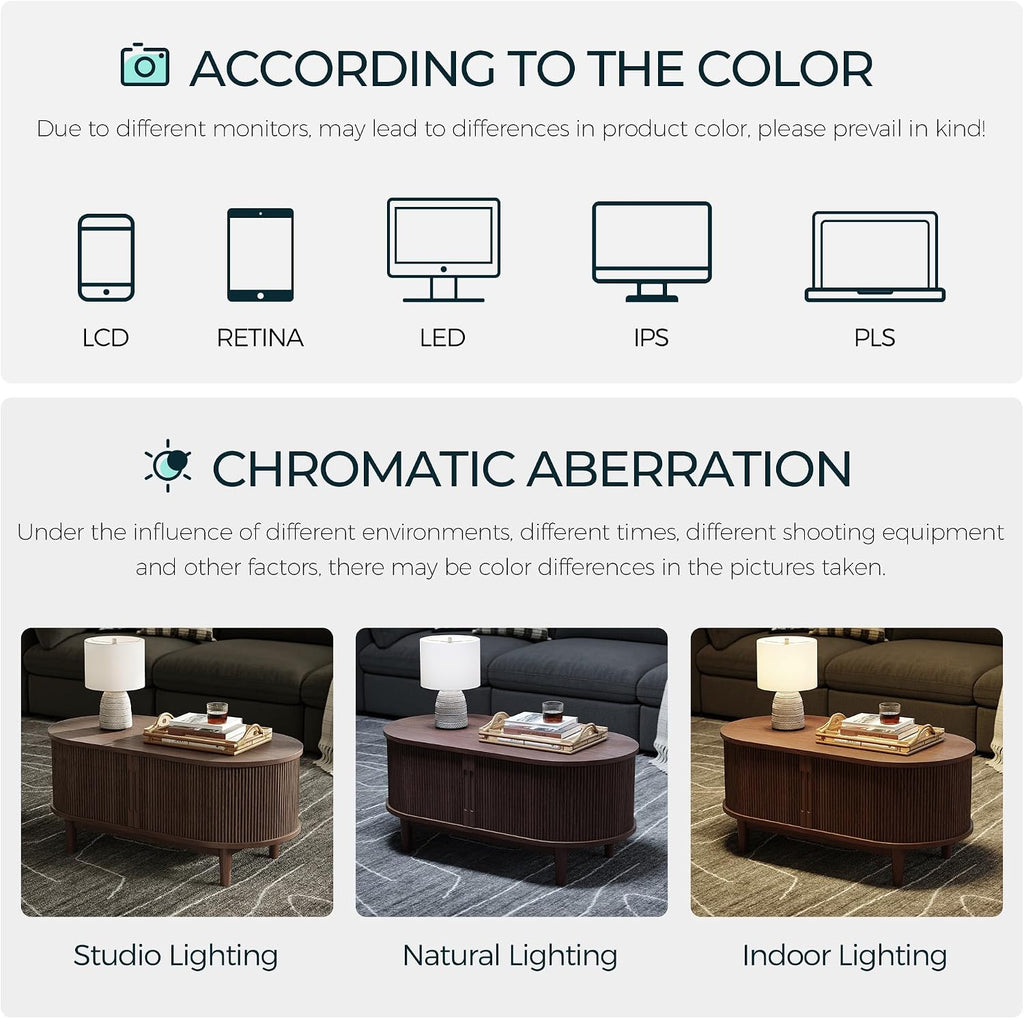 LINSY HOME Oval Coffee Table, Wood Coffee Table with Storage, Fluted Accent Center Table with Sliding Tambour Door, 39" Mid Century Modern Coffee Tables for Living Room, Bedroom, Apartment, Walnut