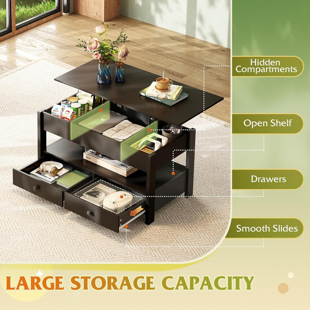 WLIVE Lift Top Coffee Table with 2 Drawers, Black