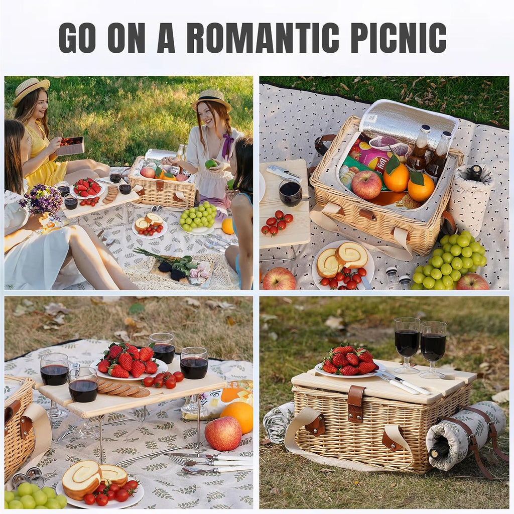 HappyPicnic Picnic Basket for 4, Handmade Wicker Picnic Set with Folding Table and Waterproof Blanket, Large Insulated Picnic Basket with Wine Bag & Cutlery Kit for Picnic, Camping, Holidays (Leaf)
