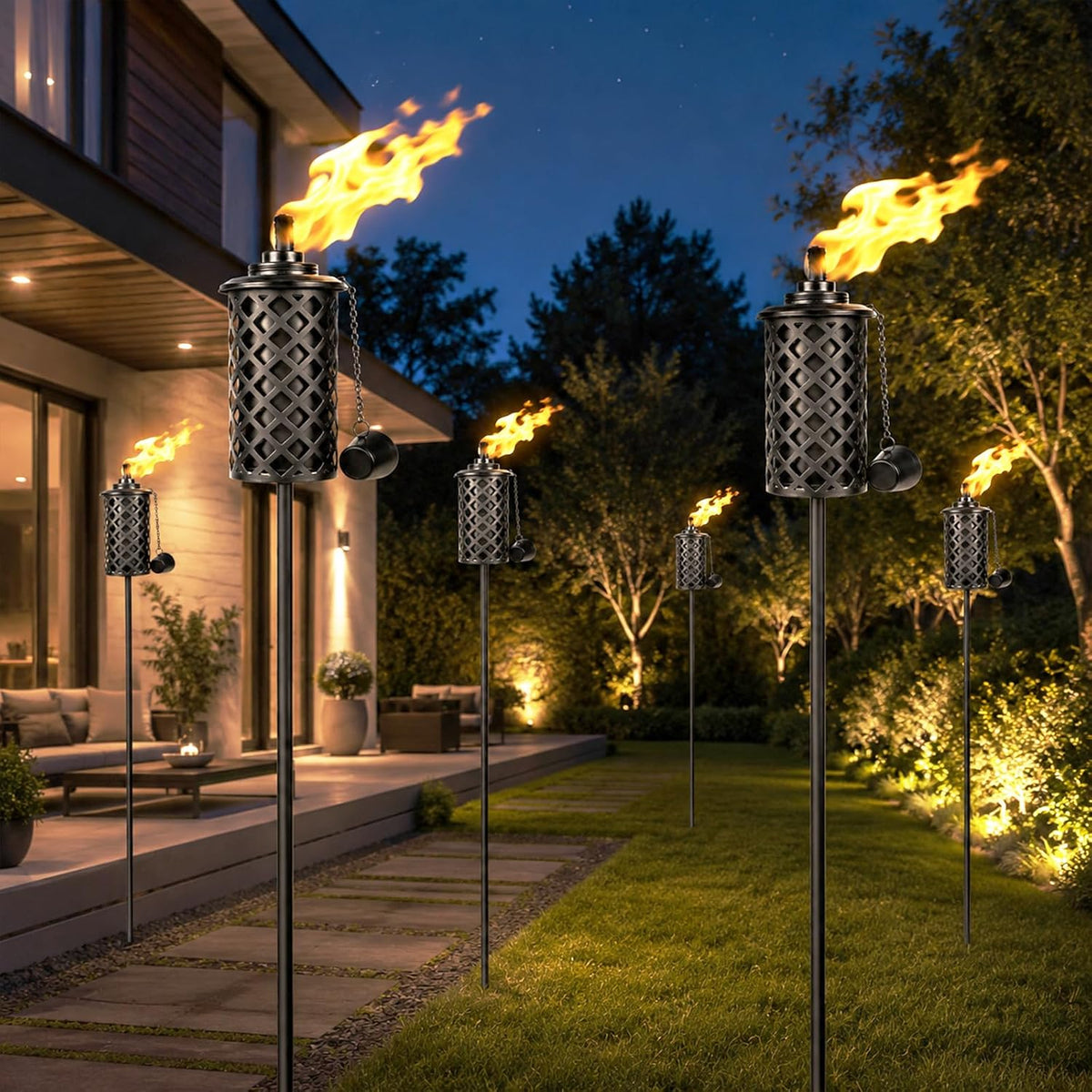4 Pack Garden Torch, 16oz Outdoor Citronella Torches, 58-Inch Upgraded Citronella Torches with 5-Prong Grounded Stake, Metal Light Torches for Party Patio Pathway