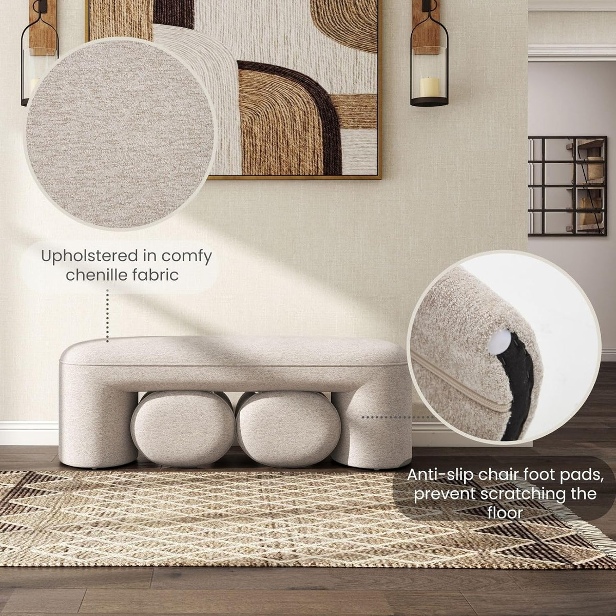 53" Chenille Ottoman Bench with 2 Nesting Ottomans, Oatmeal
