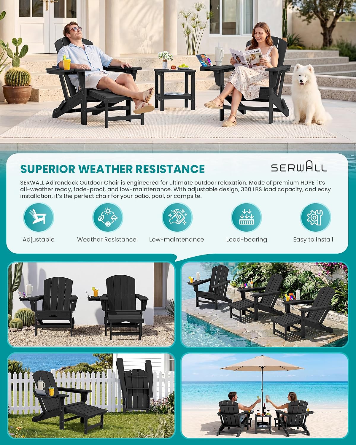 SERWALL Folding Adjustable Adirondack Chairs with Footrest Set of 4, HDPE Outdoor Chair with 4-in-1 Cup Holders, All Weather Adirondack Chair with Ottoman, Black
