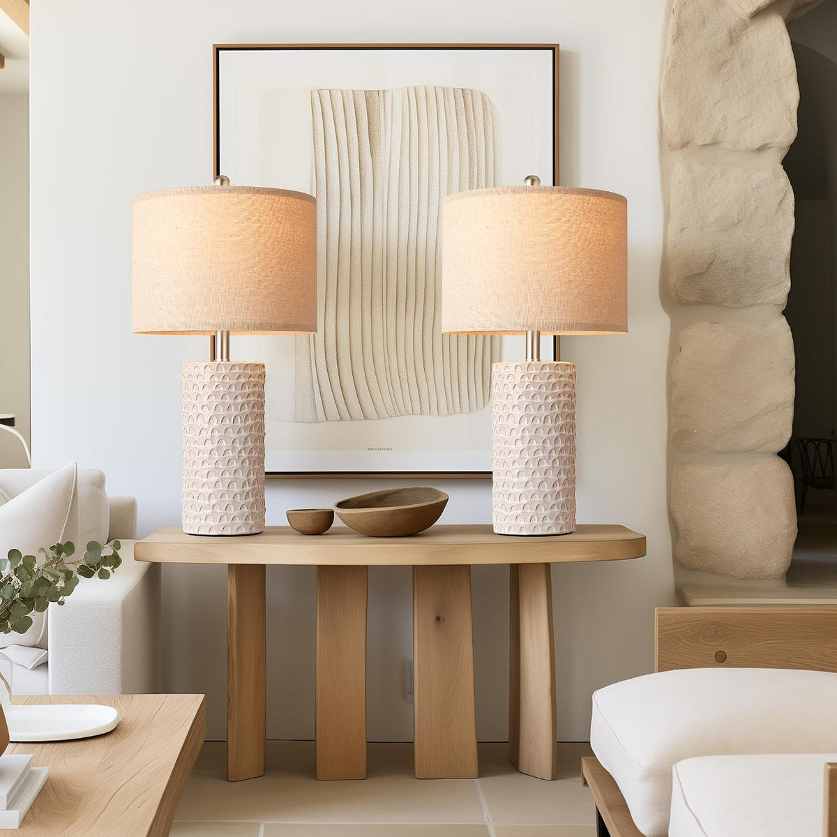 PARTPHONER 23" Modern Ceramic Table Lamp Set of 2, Table Lamps for Living Room, Rustic Farmhouse Bedside Lamps Nightstand lamp for Bedroom, White Desk Lamp for End Table Home Decor Beige