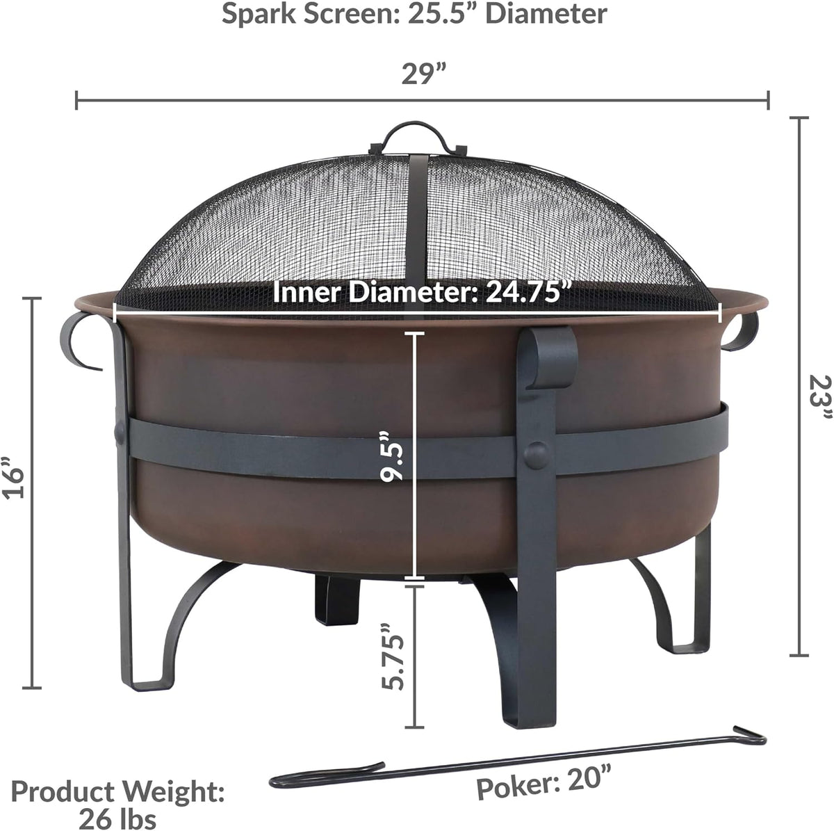 Sunnydaze Round Patio Fire Pit for Outside Wood Burning, Dark Bronze, 29"