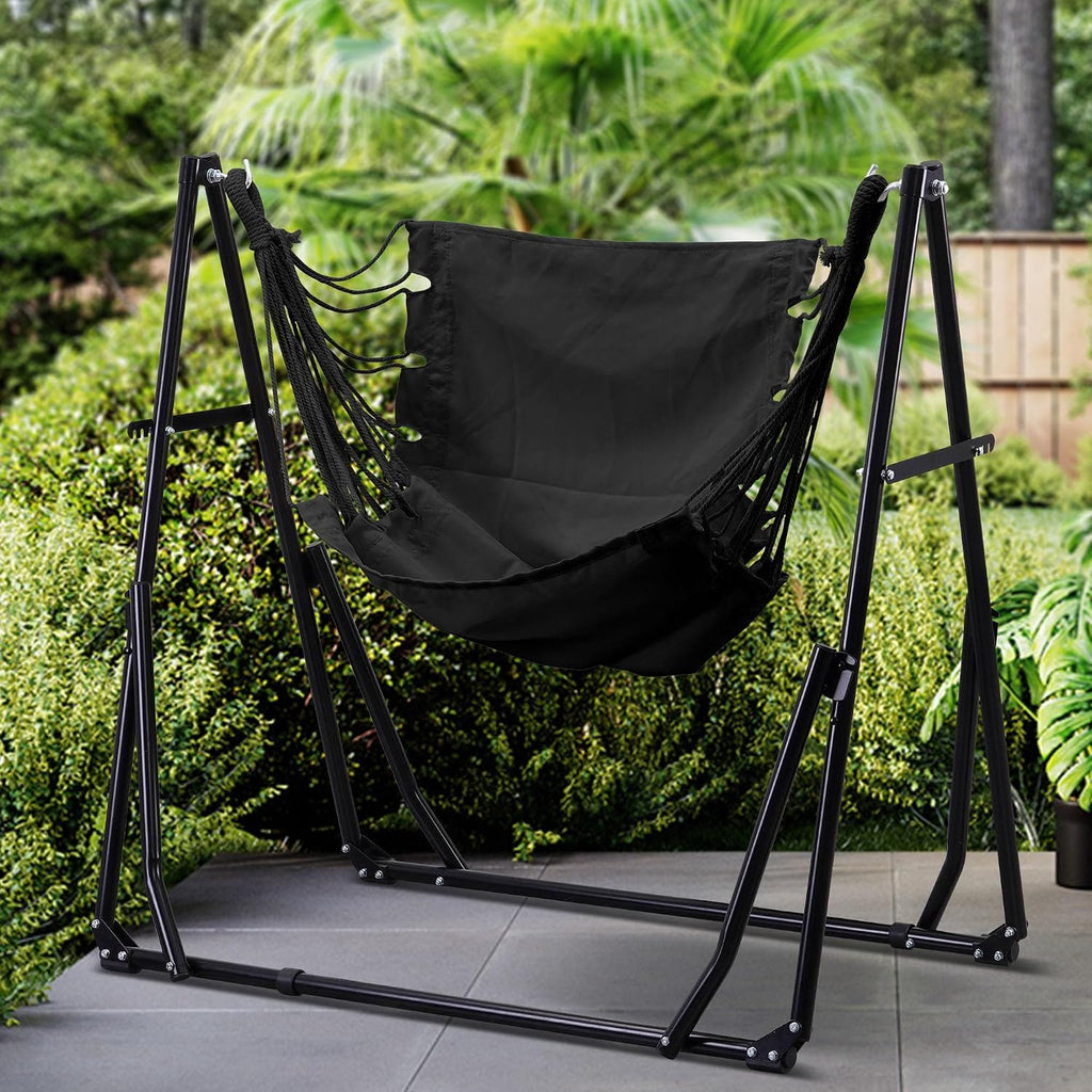 Ainfox Hammock with Foldable Stand, 2 in 1 Hammock and Swinging Chair with Carrying Bag, Portable Camping Chair Suitable for Outside, Swing,Patio,Garden,Camping Trip Black