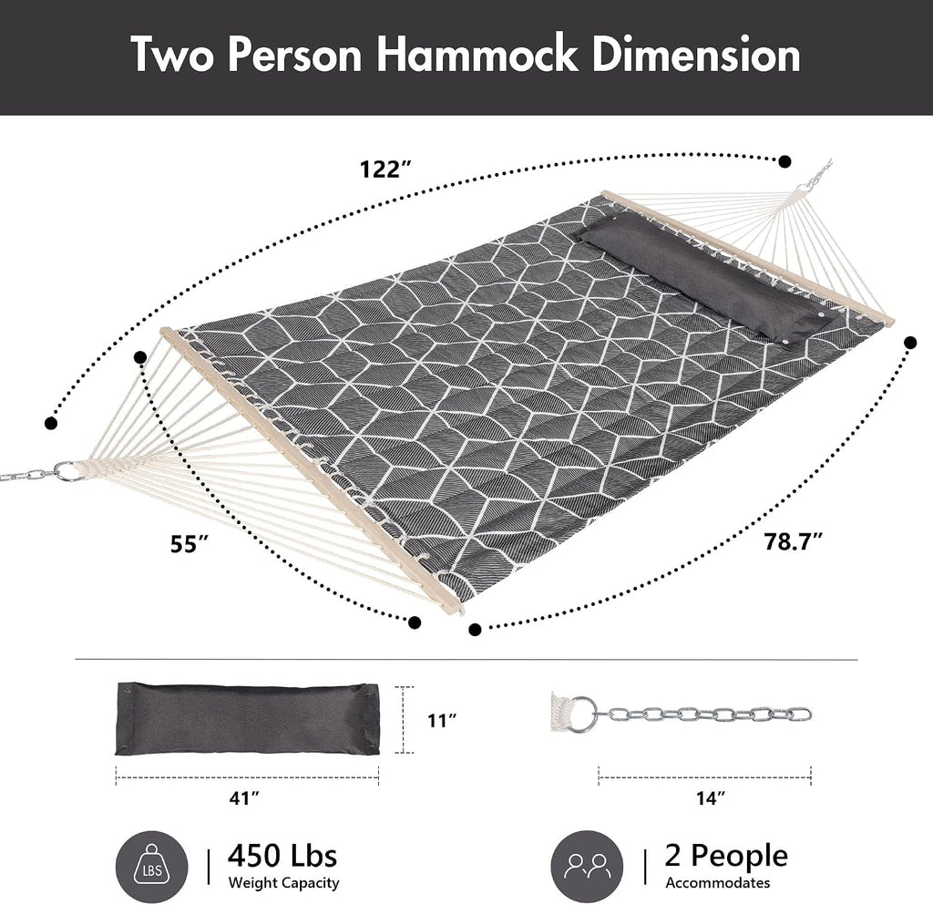 ANOW Double Quilted Hammock with Spreader Bars and Large Pillow, Gray Cube