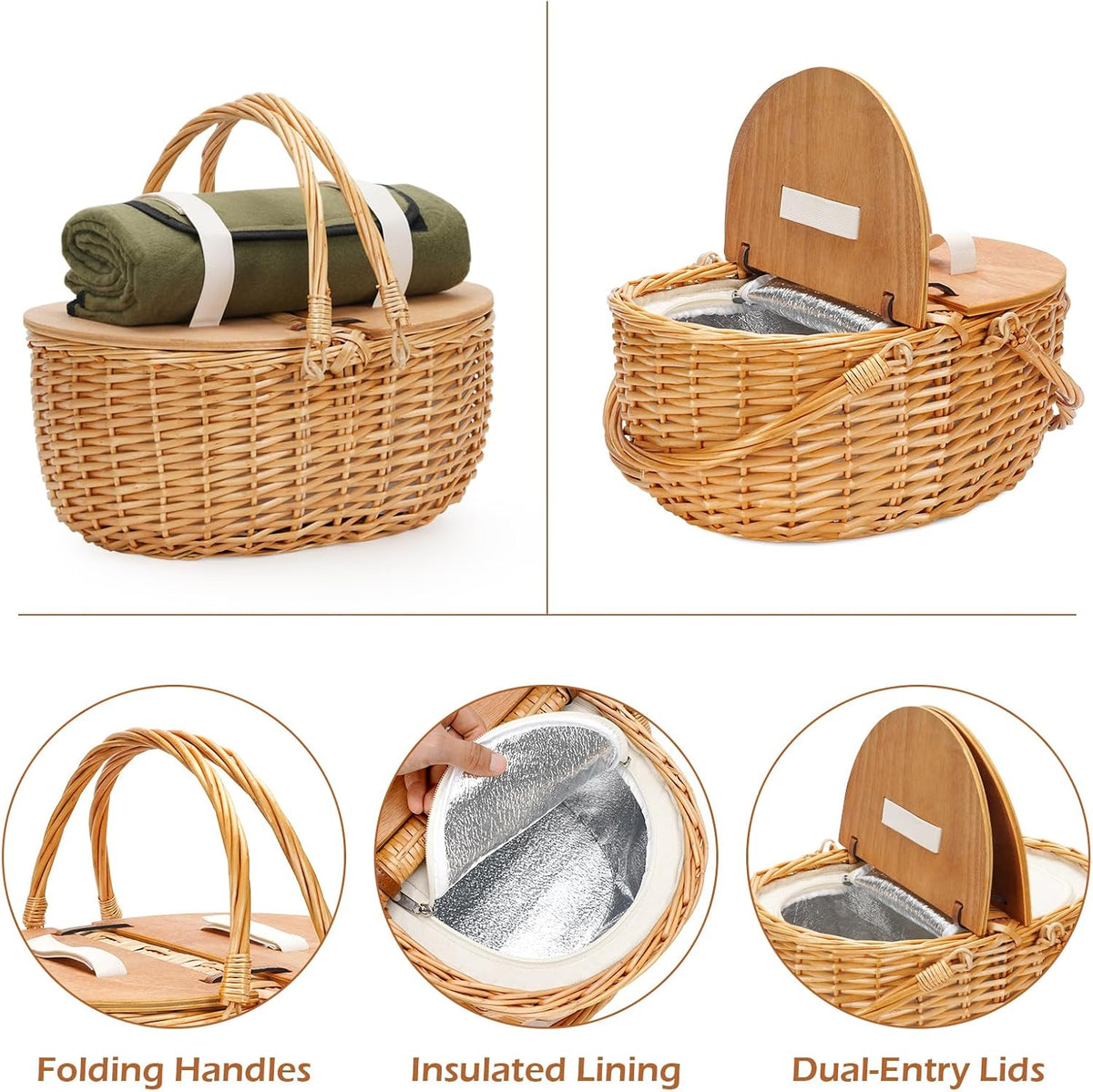 15" Cooler Picnic Basket with Blanket, Wooden Split Lid Picnic Basket