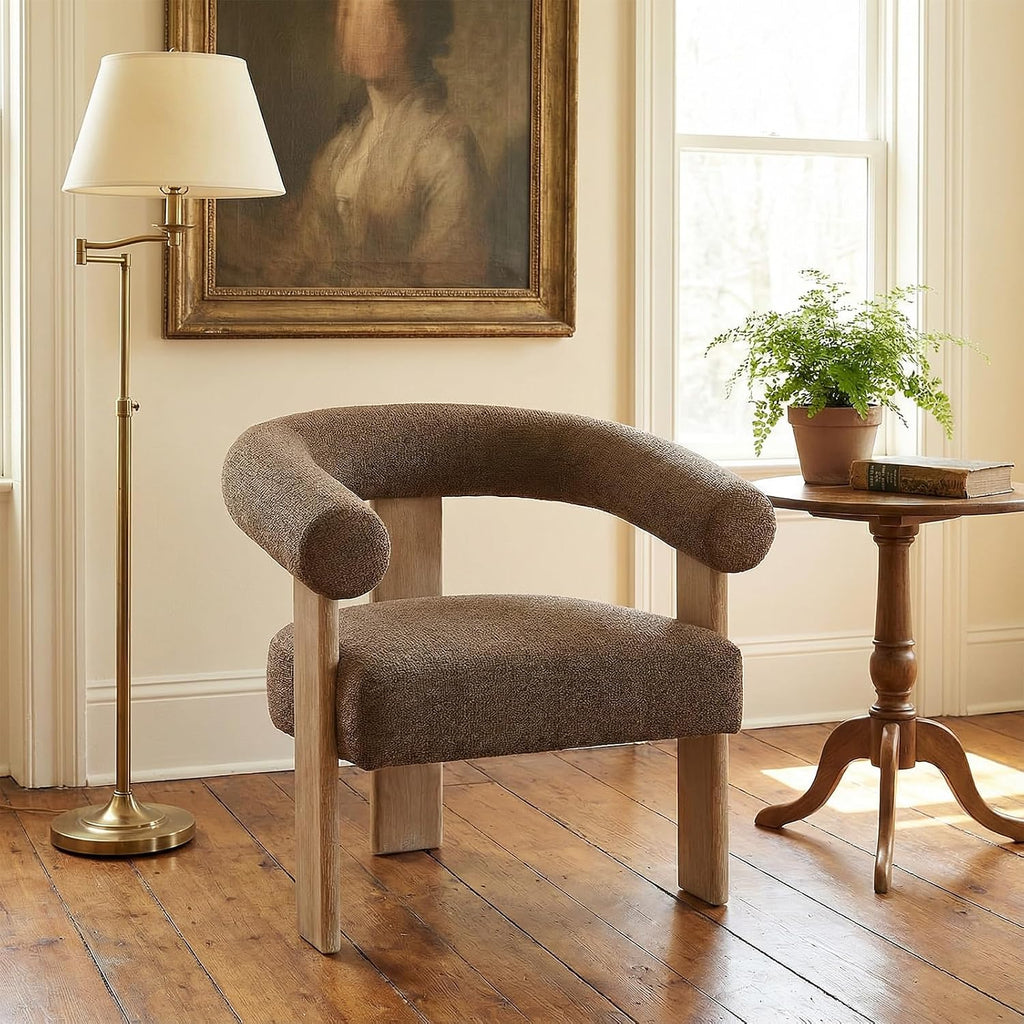 VKNOW Barrel Accent Chair, Vanity Chair with Armrests and Rubberwood Legs