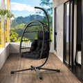 LEVELEVE Hanging Egg Chair with Stand, Patio Rattan Wicker Swing Chair, Oversized Hammock Seat for Bedroom Porch Garden, Thickened Steel Frame & UV Resistant Cushion, 350LBS Capacity(Black)