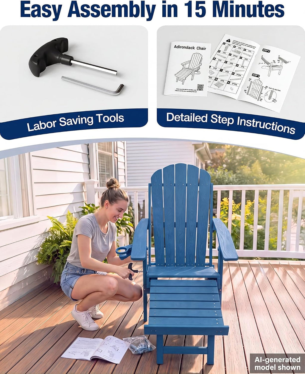 YEFU Adirondack Chairs with Footrest Set of 4, HDPE Adirondack Chair, Blue