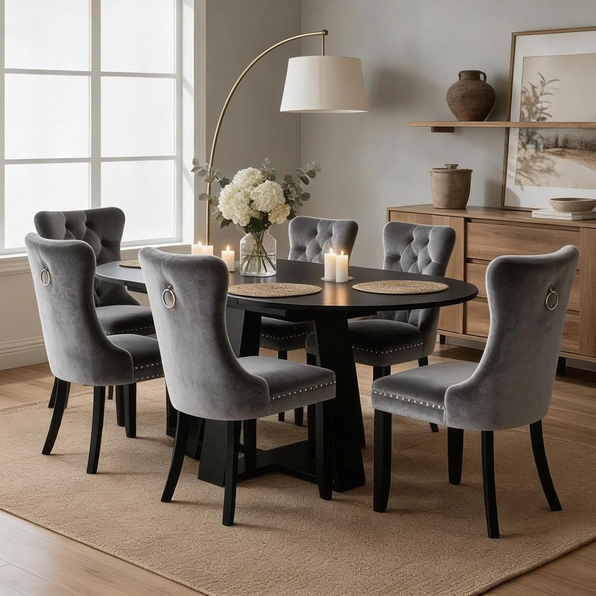 Round Extendable Dining Table Set for 6, 43"-59" Black Expandable Kitchen Table with 6 Grey Velvet Tufted Chairs, Farmhouse Wooden Extendable Dining Room Table Set for Small Space Apartment