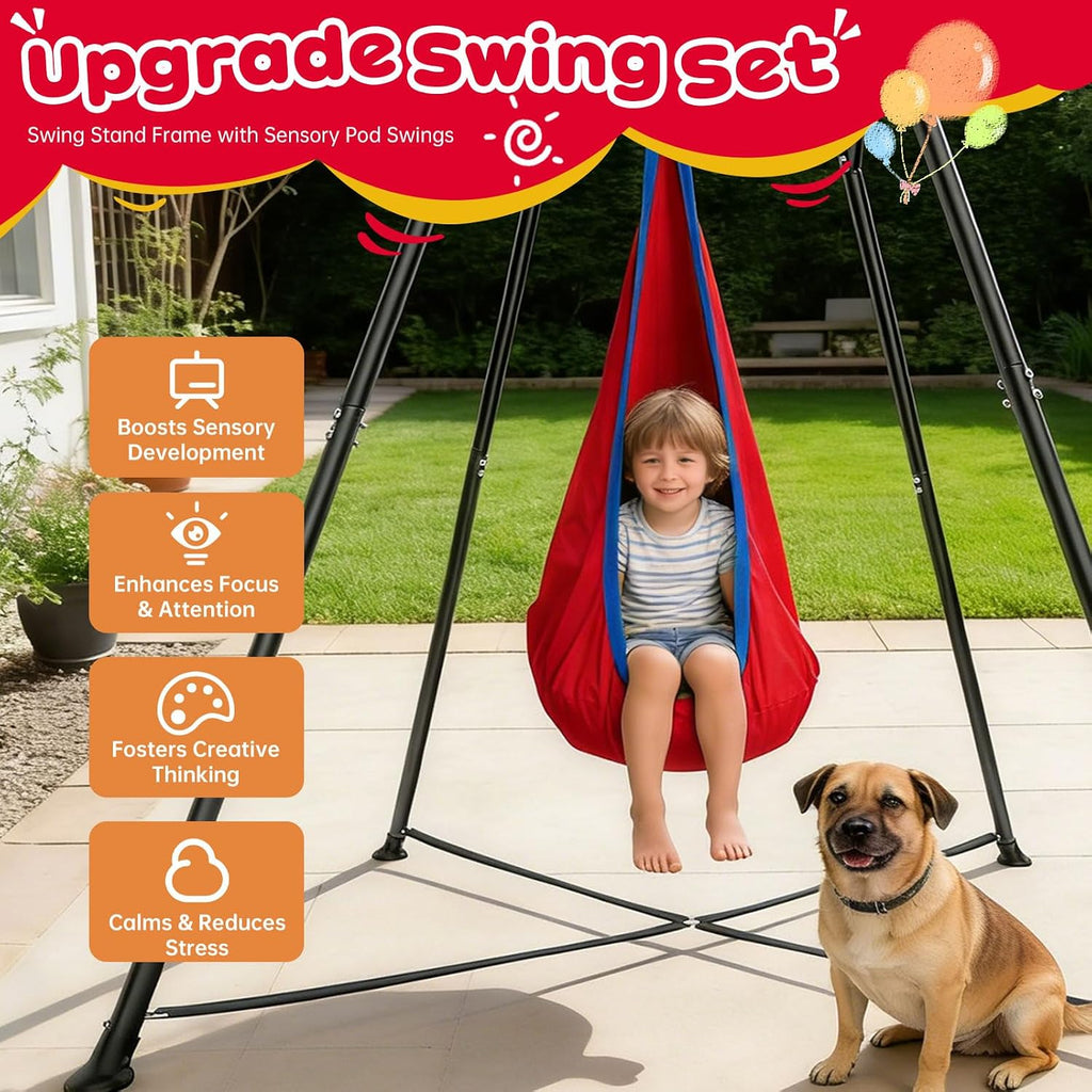 Sensory Swing Stand with Pod Swing, Metal Sensory Swing Set Frame for Indoor Outdoor Backyard (Red)