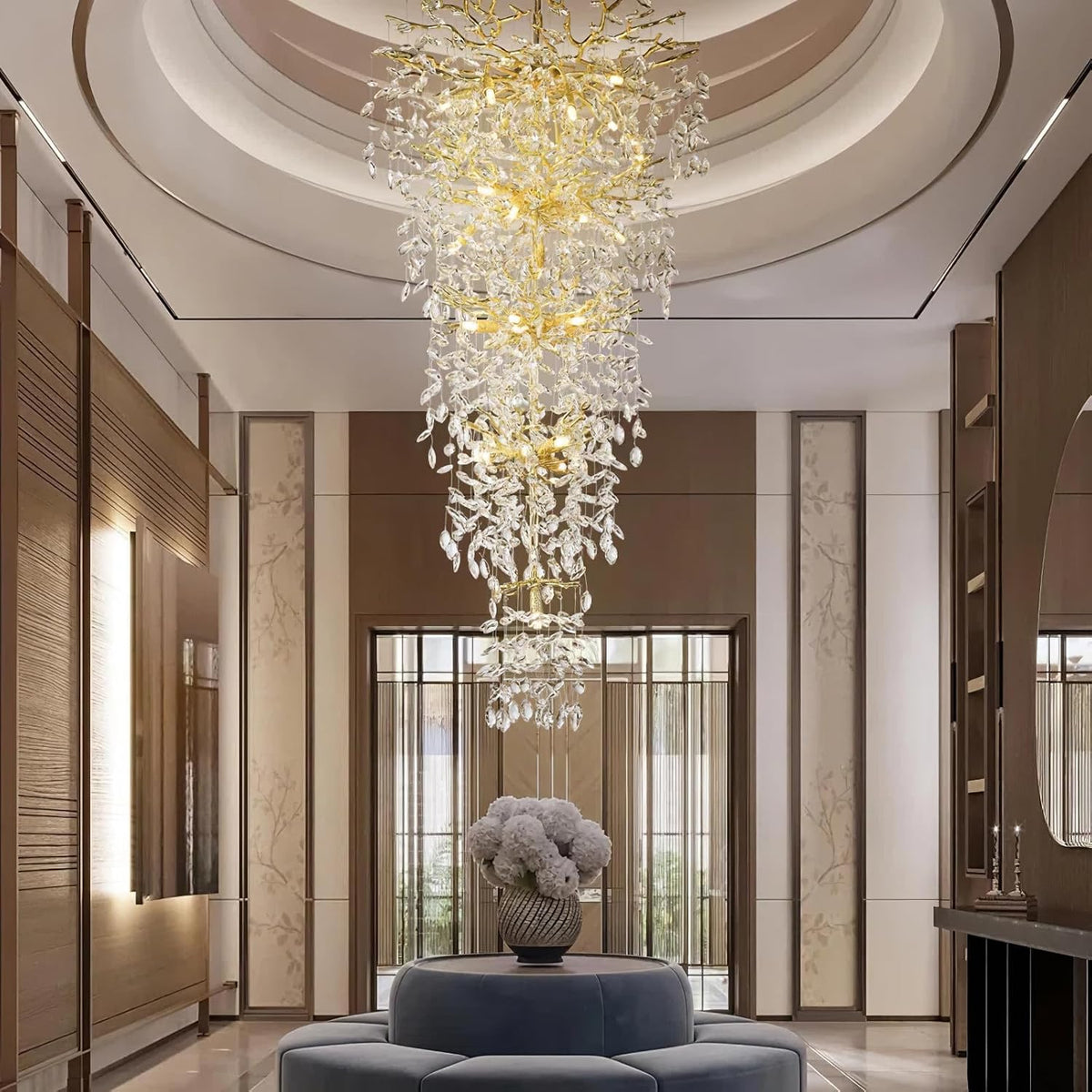 118'' Long Chandelier for High Ceiling, 28-Light Luxury Gold Tree Branch Crystal Chandelier, Large Chandeliers for High Ceilings Staircase Foyer Entryway, 5-Tier Modern K9 Crystal Raindrop Fixture