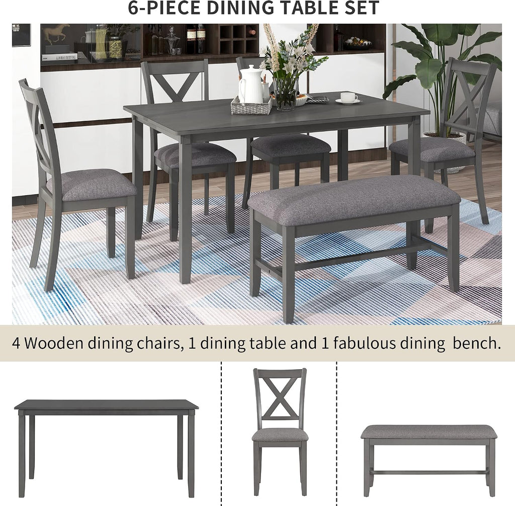 Merax 6-Piece Farmhouse Dining Table Set, 60" Solid Wood Rectangular Kitchen Table with 4 Upholstered Chairs & 1 Bench, Dining Room & Living Room Furniture, Gray