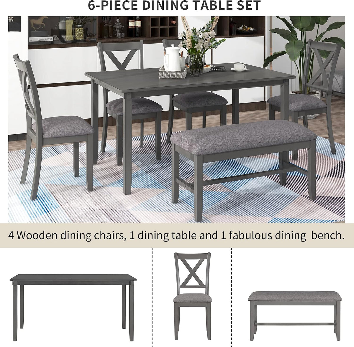 Merax 6-Piece Farmhouse Dining Table Set, 60" Solid Wood Rectangular Kitchen Table with 4 Upholstered Chairs & 1 Bench, Dining Room & Living Room Furniture, Gray