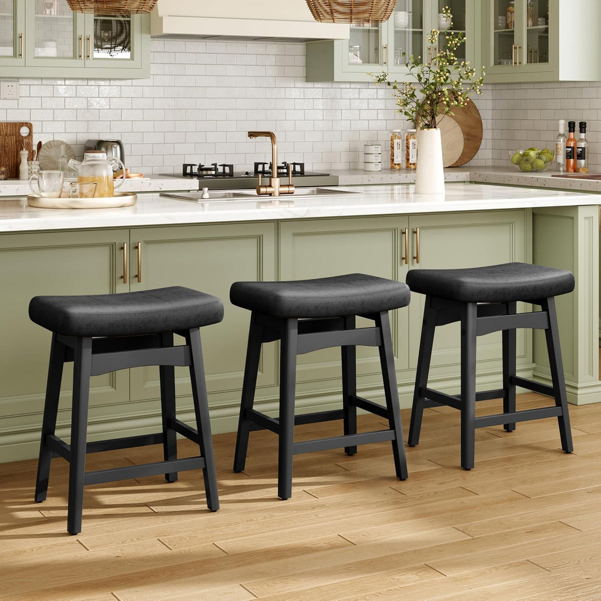 MAISON ARTS 24" Counter Height Bar Stools Set of 2, Black, Black Legs