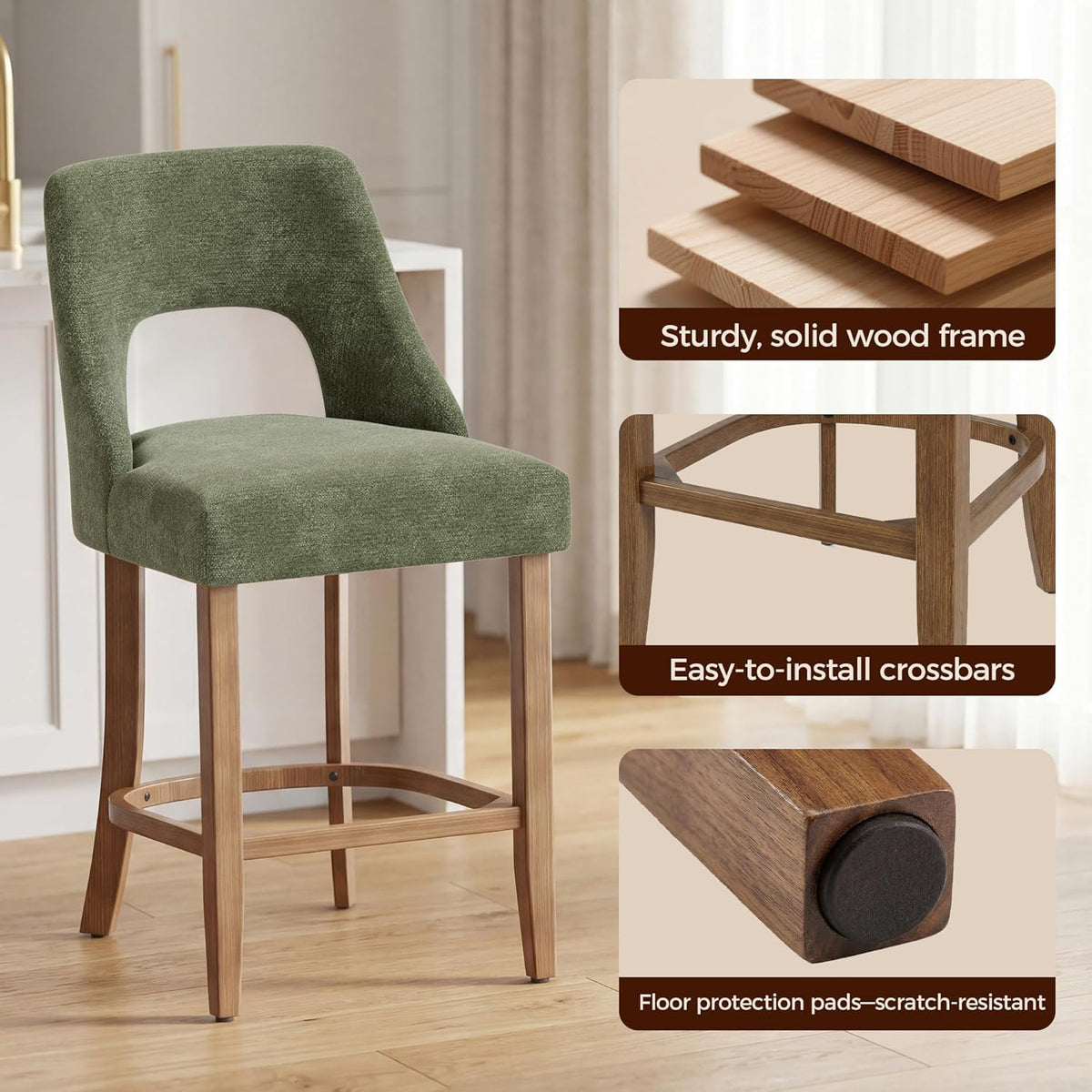 UVV Bar Stools Set of 2, Upholstered Counter Height Bar Stools, Modern Counter Stools with Wood Legs for Kitchen Island Dining Room Bar, Green