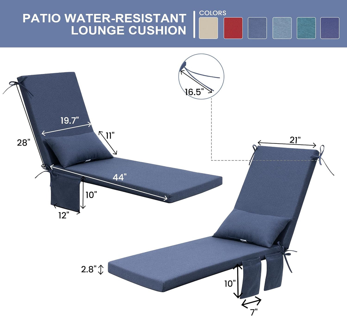 Pellebant Outdoor Lounge Chair Cushions with Pillow & Pockets, 72" x 21"