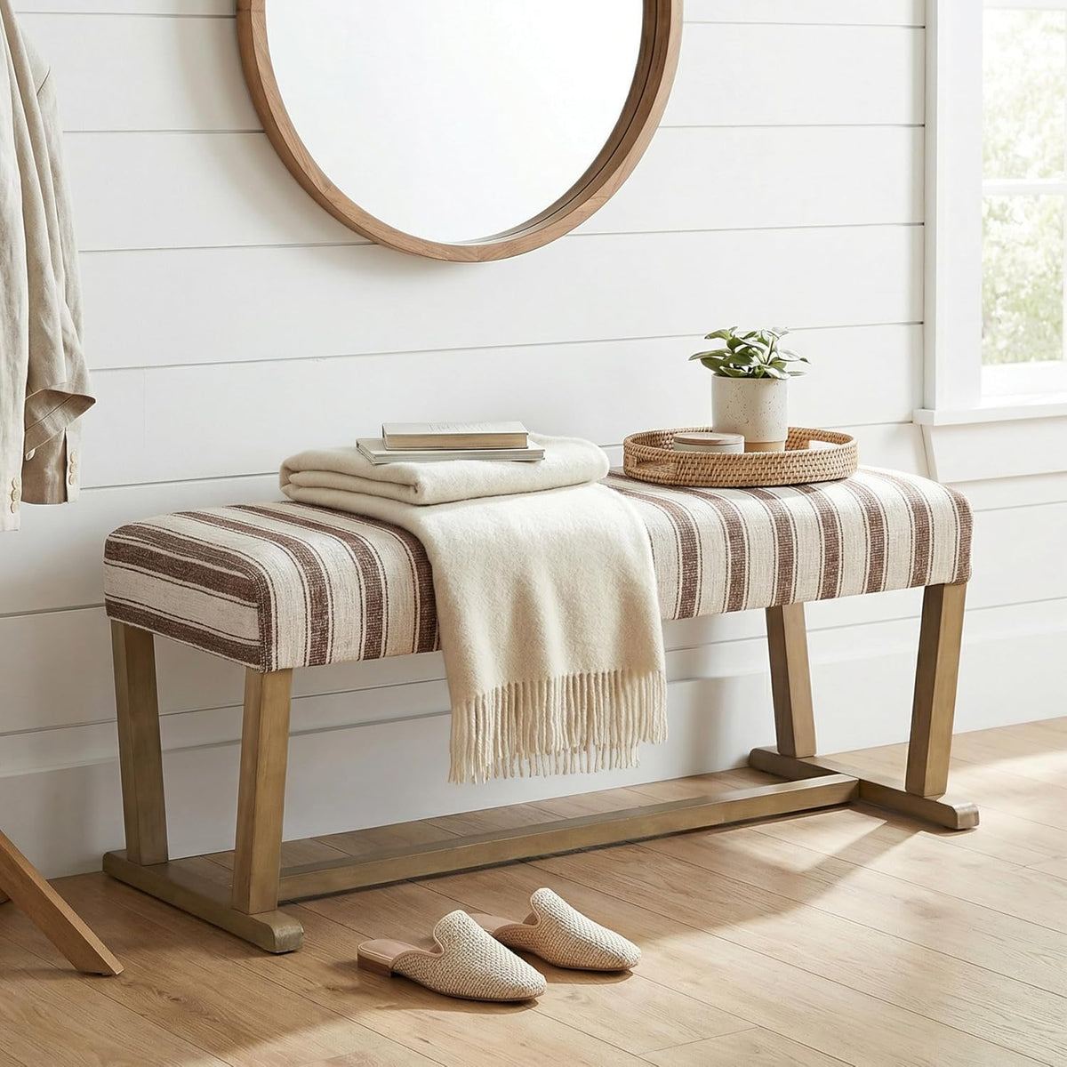 VKNOW Upholstered Entryway Bench, Dining Bench with Cushion, Brown