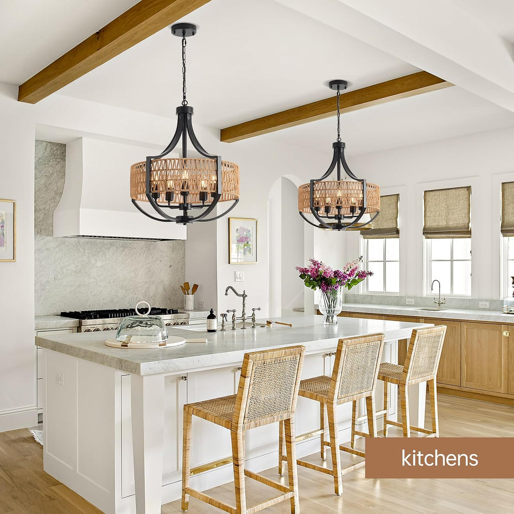 20" Rattan Chandelier, 5-Light Black Farmhouse Pendant Light