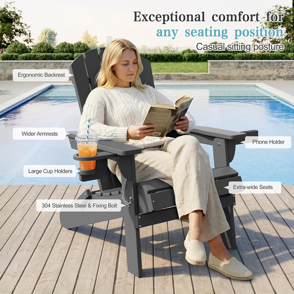 Shintenchi Folding Adirondack Chair,HDPE All-Weather Patio Chair with Cup Holder & Phone Holder,Wooden Textured Fire Pit Chair for Patio,Outside,Deck,Backyard,Dark Grey