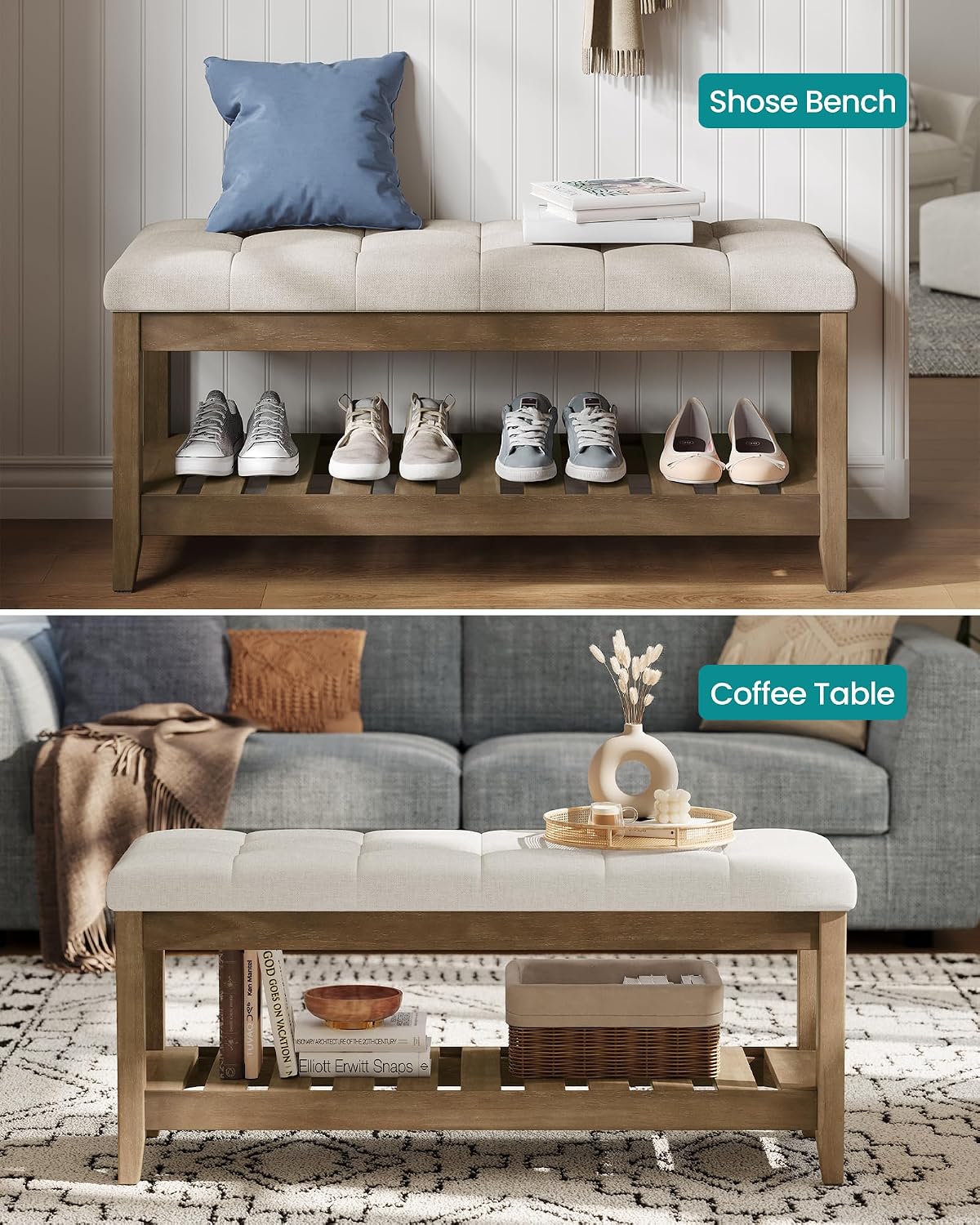 SONGMICS Storage Ottoman with Solid Wood Frame, 42.9 x 15.7 x 17.7 Inches