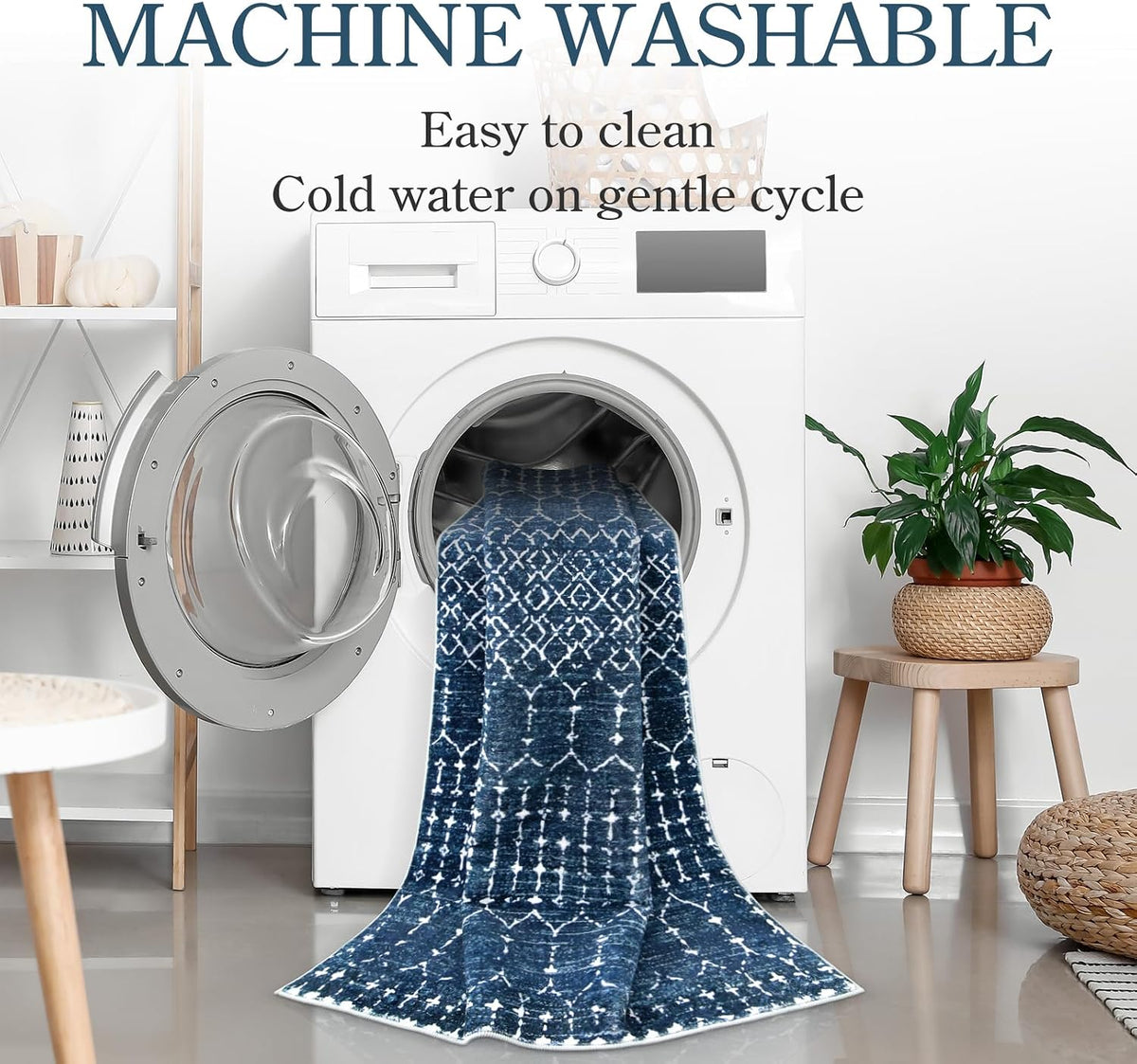 Lahome Moroccan Blue 3x5 Non-Slip Washable Soft Rug for Bedroom Floor Throw, Geometric Print Distressed Indoor Modern Rug for Entryway, Dining Room, Bathroom Hana