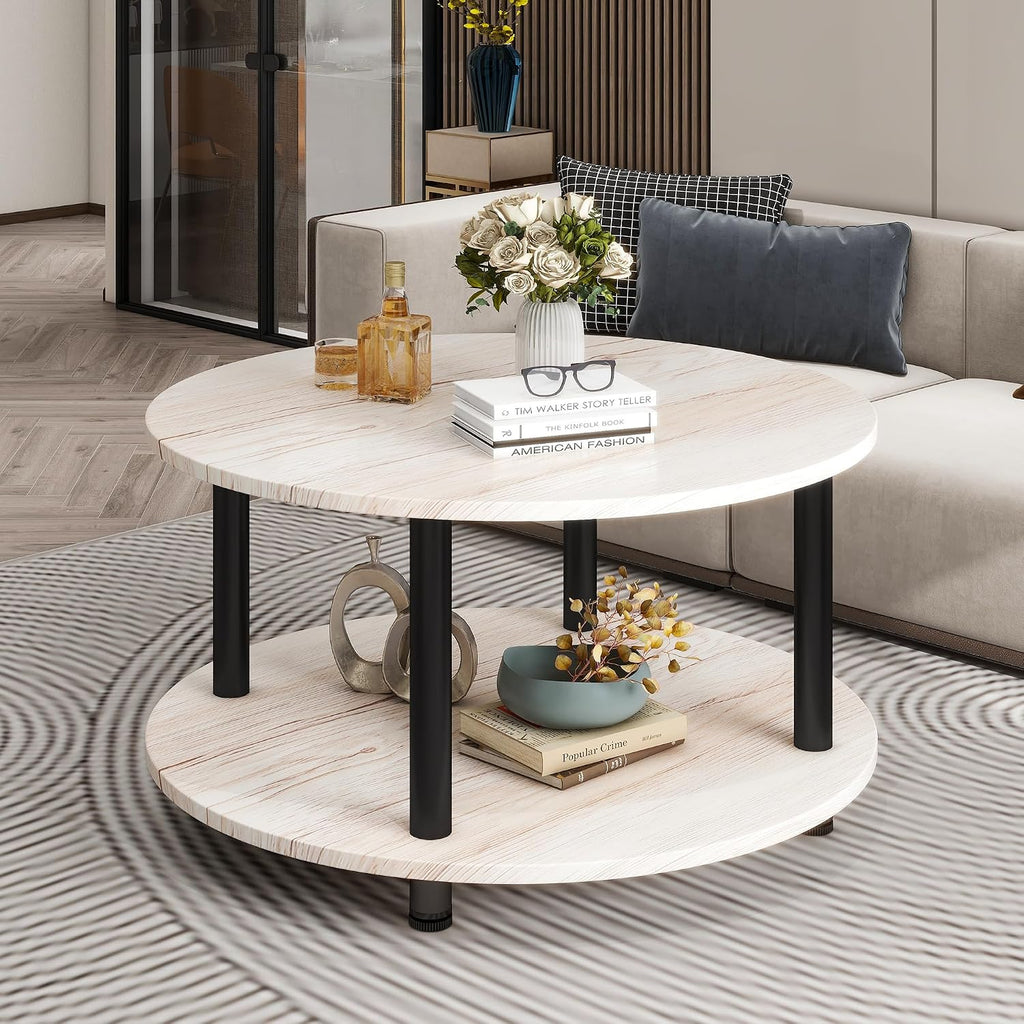23.6" Round Coffee Table, 2-Tier Small Circle Coffee Table with Storage, Modern Center Accent Table with Metal Frame, Side Table End Table for Small Space, Living Room, Office, Teak Oak