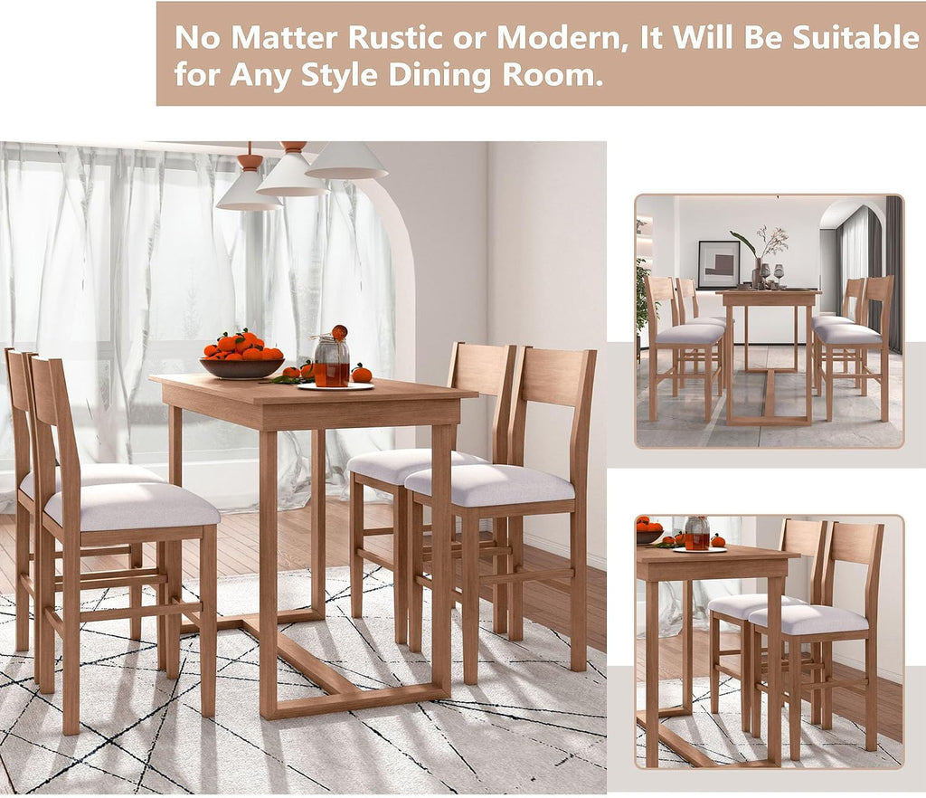 LUMISOL 5-Piece Counter Height Dining Table Set for 4, Farmhouse Kitchen Table Set with 4 Upholstered Chairs for Kitchen, Dining Room, Home Bar, Natural