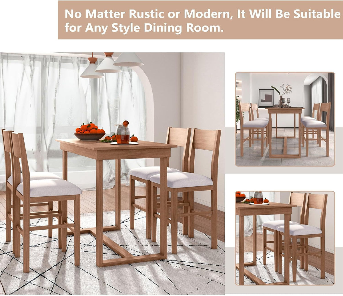 LUMISOL 5-Piece Counter Height Dining Table Set for 4, Farmhouse Kitchen Table Set with 4 Upholstered Chairs for Kitchen, Dining Room, Home Bar, Natural