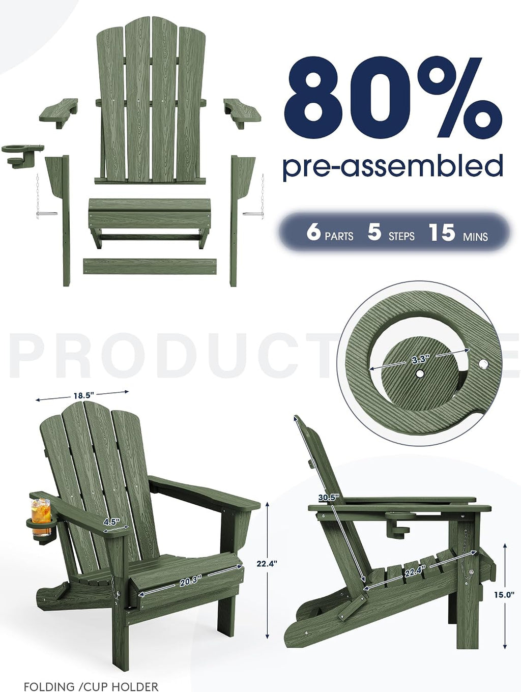 KINGYES Folding Adirondack Chair Set of 2 with Cup Holder, Avocado