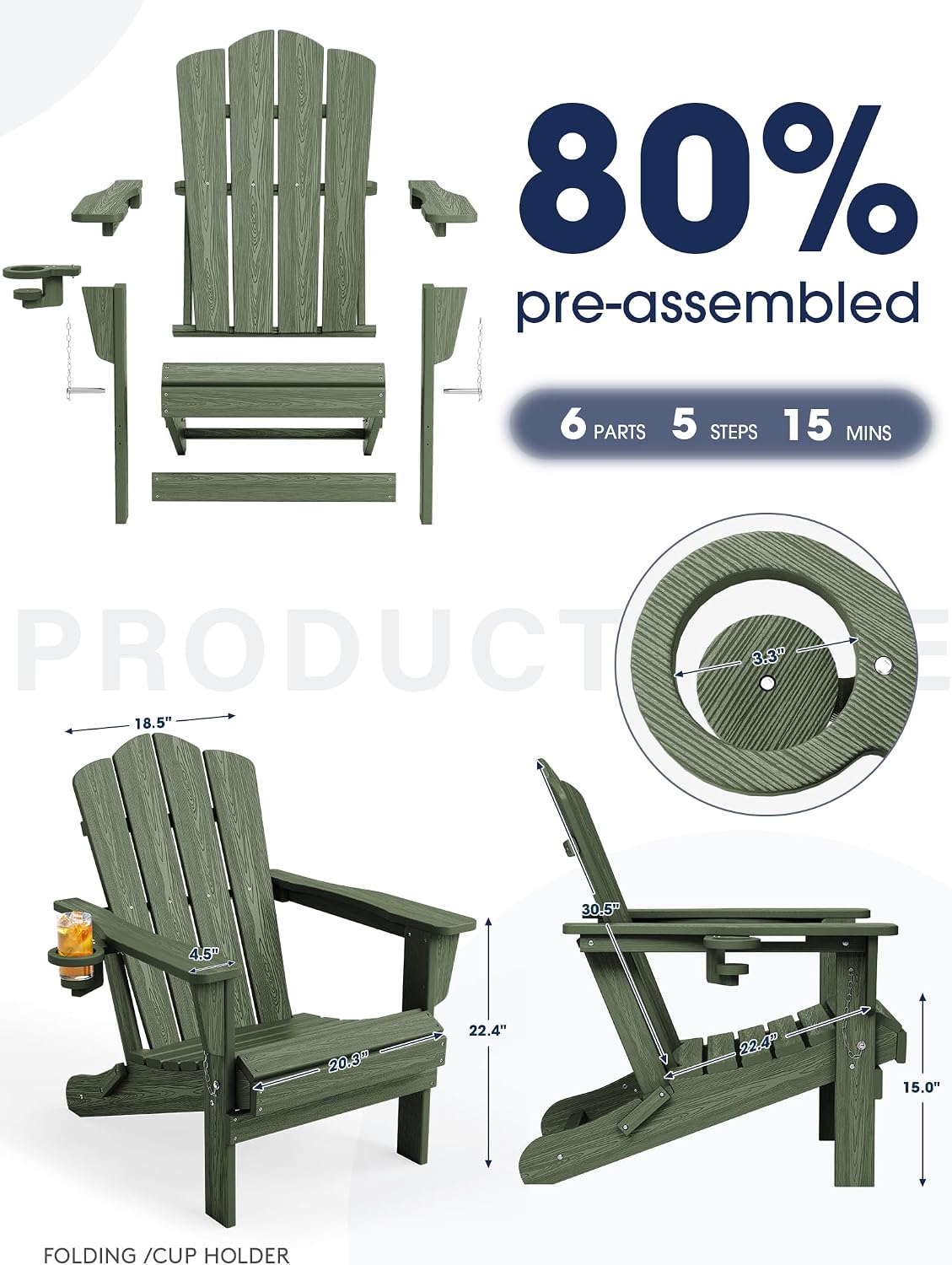 KINGYES Folding Adirondack Chair Set of 2 with Cup Holder, Avocado
