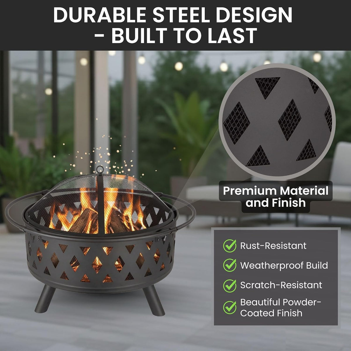 Pure Garden Outdoor Fire Pit with Cross Weave Pattern, Black, 32-Inch