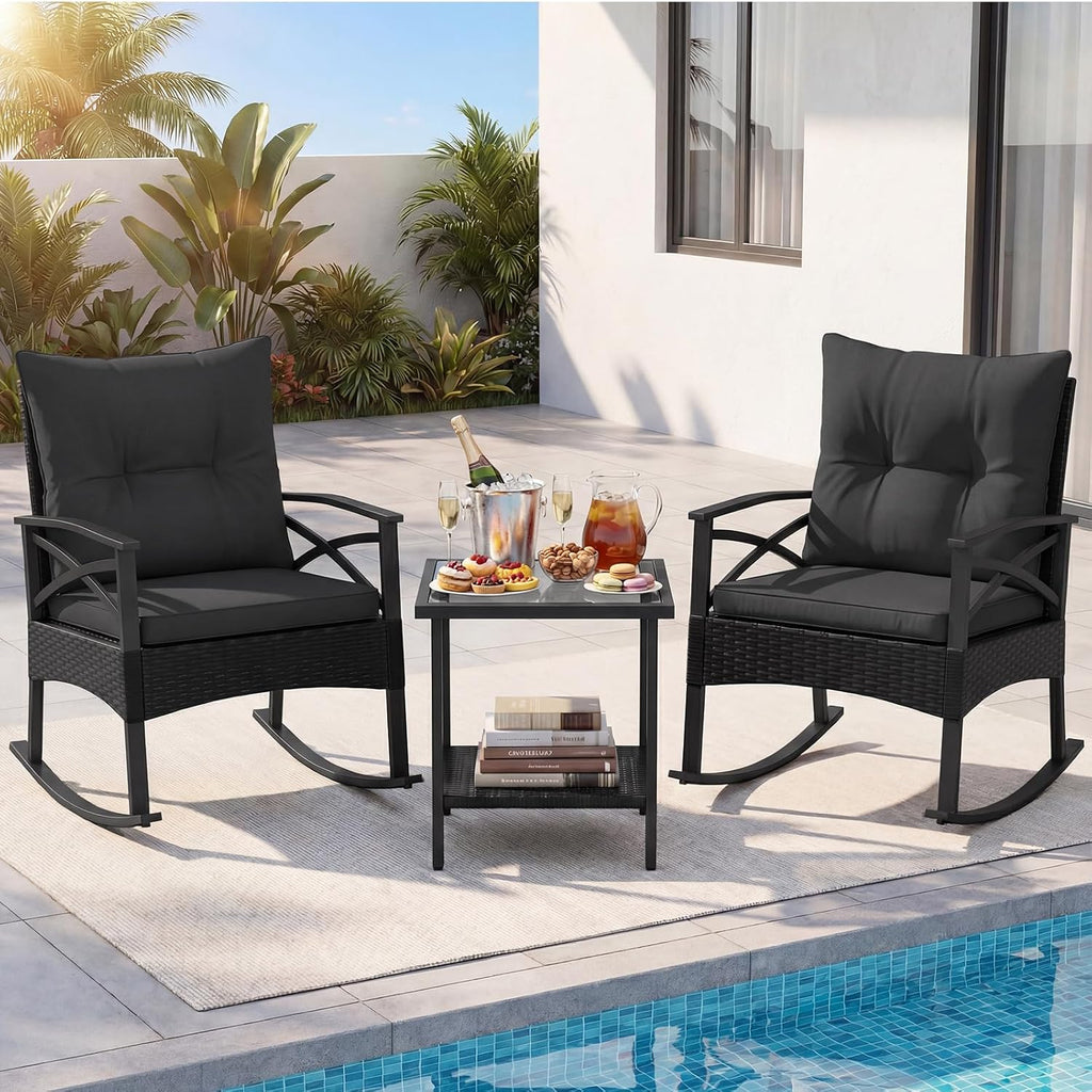 Tangkula 3 Pieces Wicker Outdoor Rocking Chairs Set