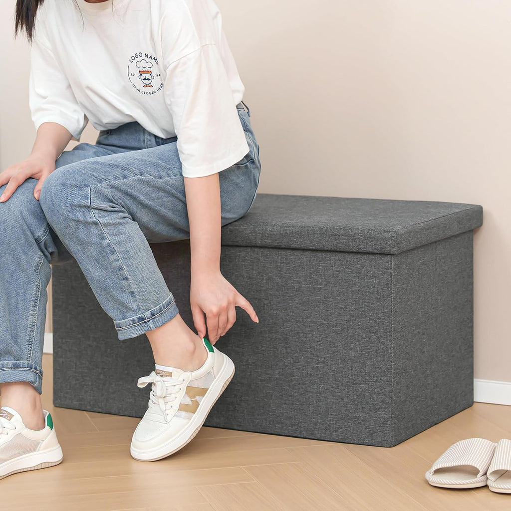 PINPLUS Folding Storage Ottoman Bench with Lid Tray, 30 inches Ottoman Coffee Table Grey Cube Chair Foot Rest Stool Storage Chest for Living Room Bedroom, Holds up to 550 lb