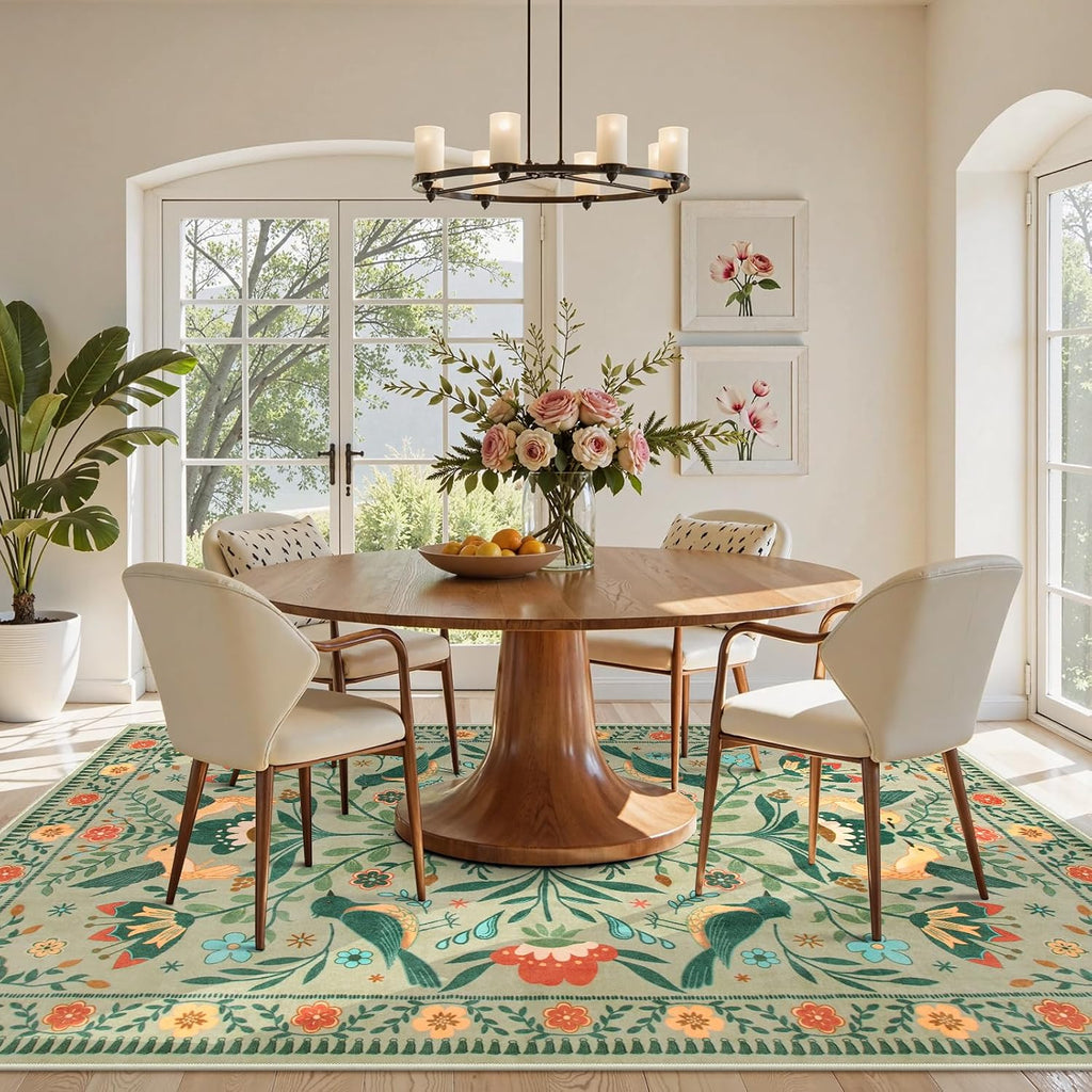 Moynesa Green Washable 8x10 Area Rugs for Living Room Bedroom Dining Room, Modern Farmhouse Country Floral Bird Print Pattern Medallion Carpet, Aesthetic Home Decorations Open Floor Areas Protection