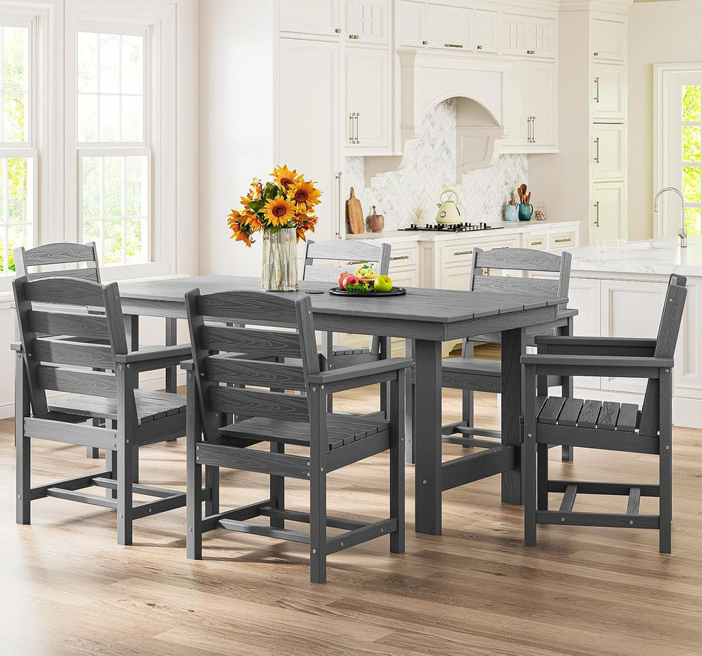 SERWALL 7 Pcs Outdoor Dining Set, 67" HDPE Dining Set for 6, Gray