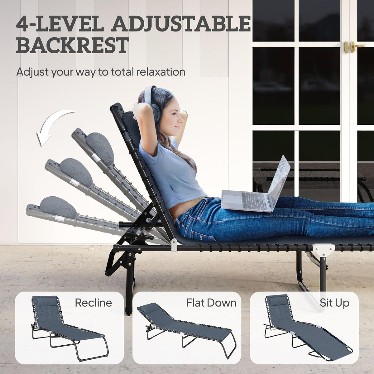 Outsunny Folding Chaise Lounge Chair Outdoor Mesh Seat Gray