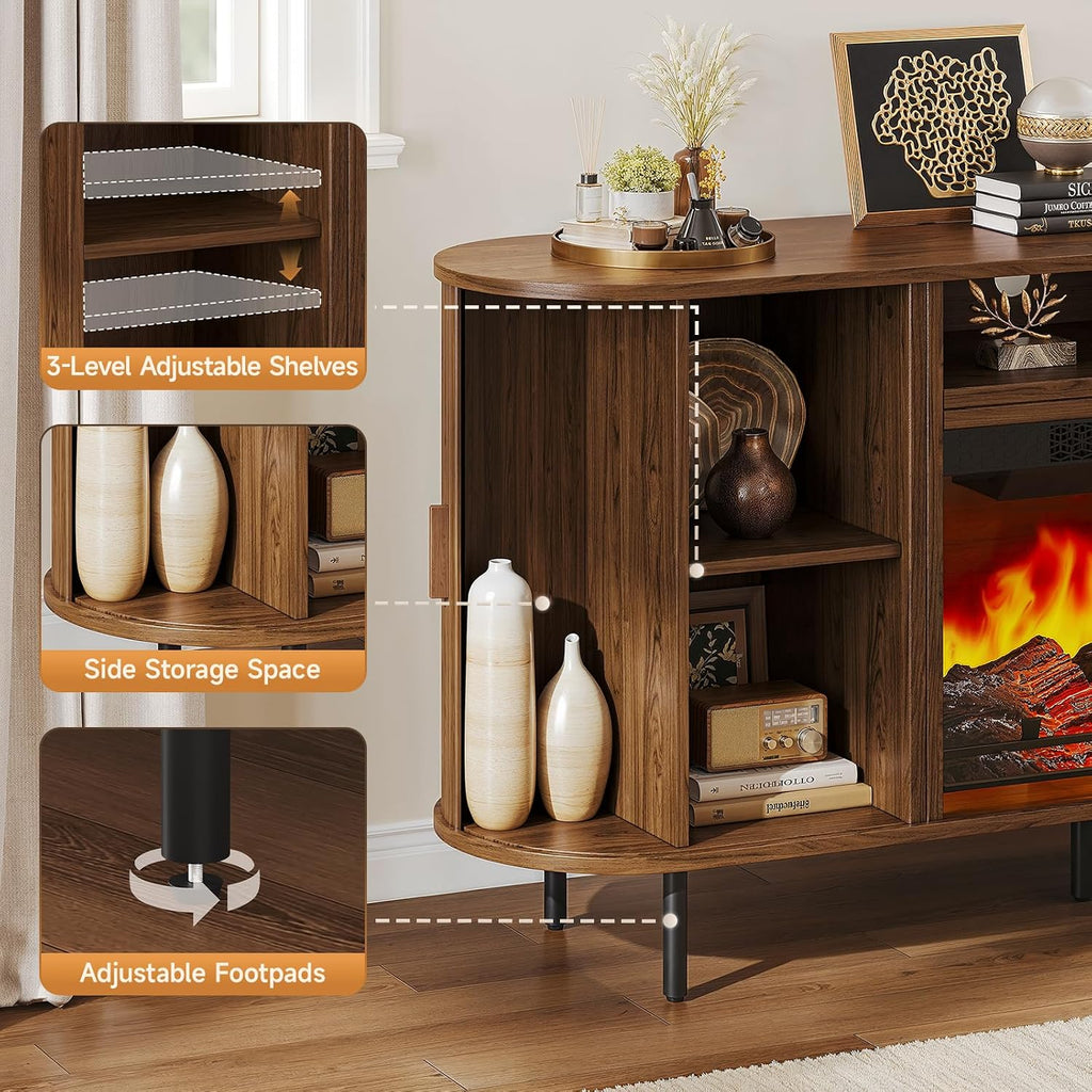 ComfyCorner 63" Fluted Fireplace TV Stand with Sliding Doors & Power Outlet