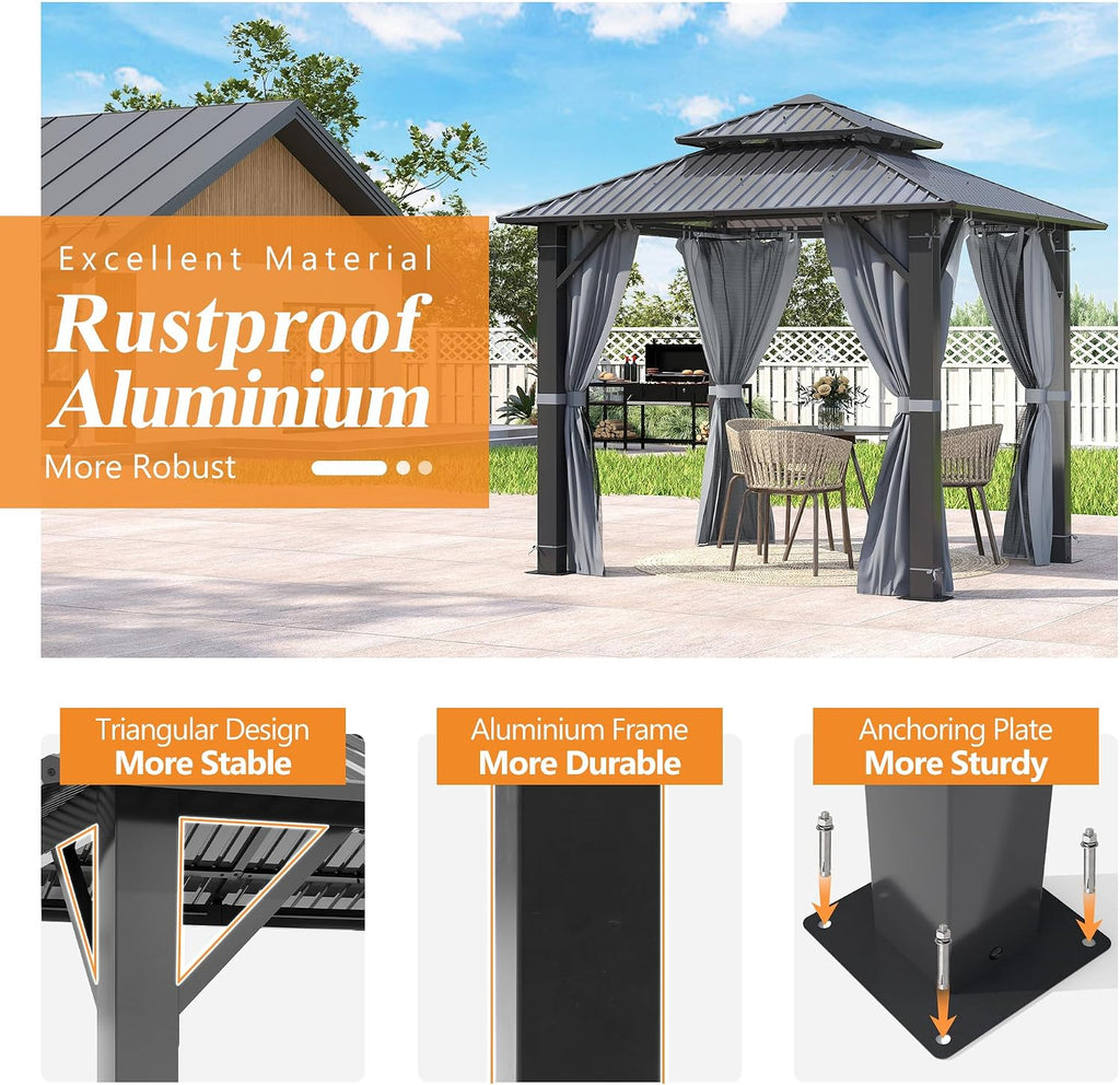 GARTOO 8x8FT Outdoor Hardtop Gazebo with Double Roof