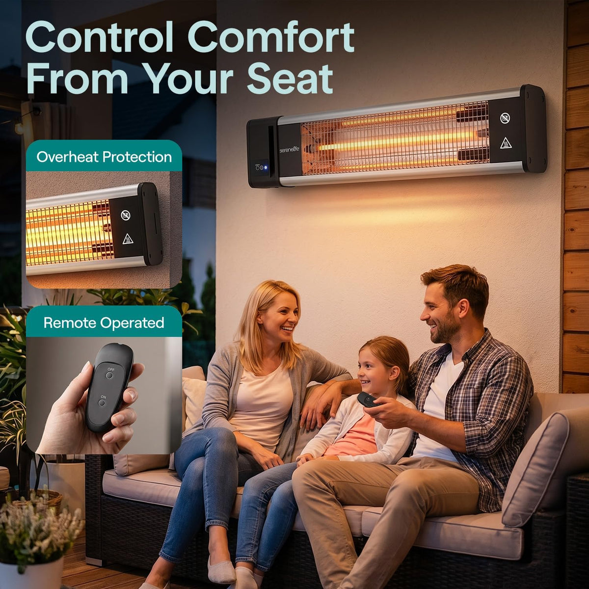 SereneLife Infrared Patio Heater, 1500W, IP65 Approved, Odorless, Wall-Mounted Heater with Remote, Indoor/Outdoor for Patio, Restaurant, Backyard, Garage, Decks