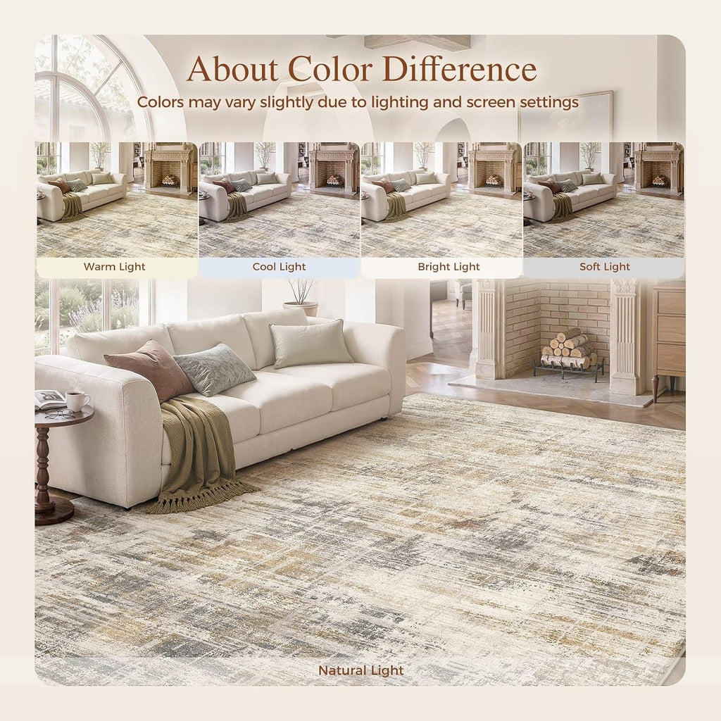 Uermei 9x12 Area Rug for Living Room Washable Abstract Golden Brown Carpet