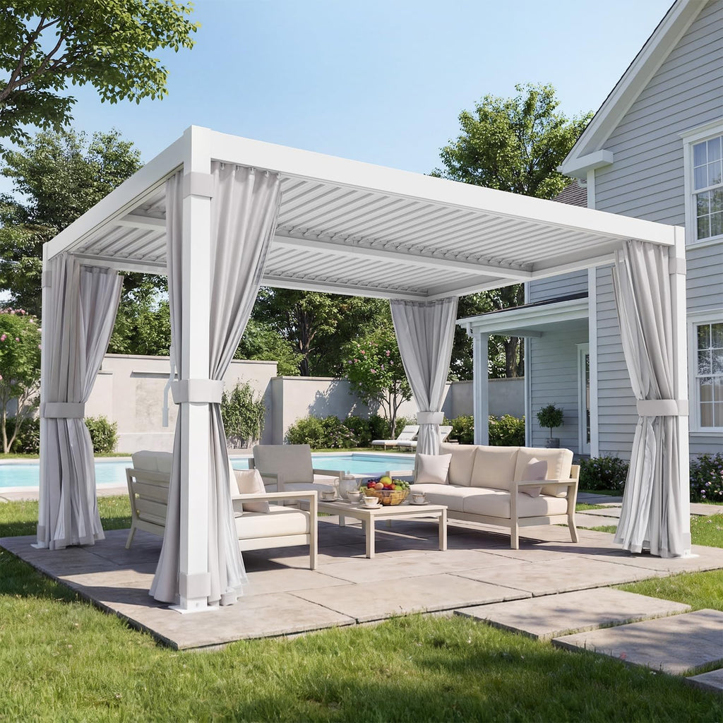 MELLCOM 10x12 Louvered Pergola Adjustable Roof w/Curtains & Mesh