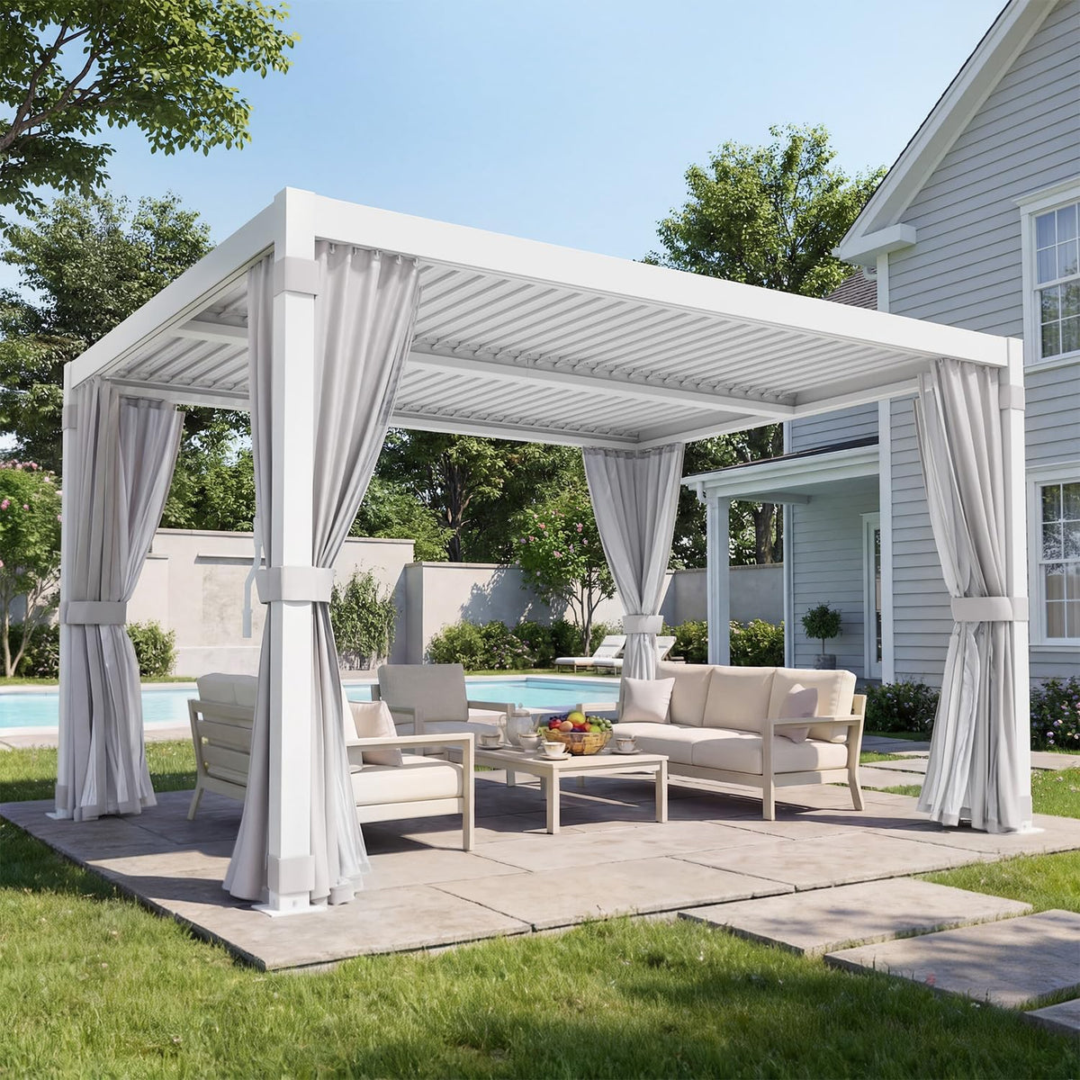 MELLCOM 10x12 Louvered Pergola Adjustable Roof w/Curtains & Mesh