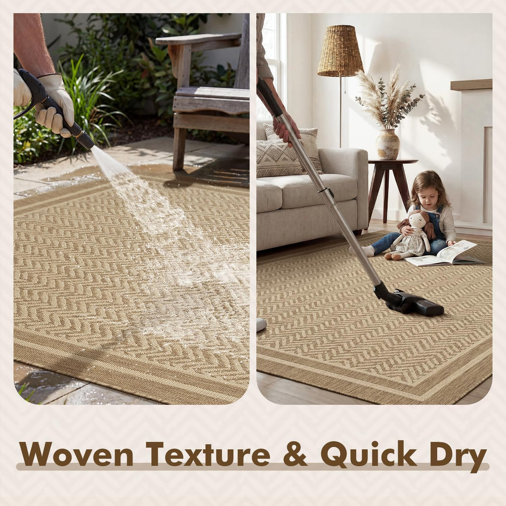 MontVoo-3x5 Outdoor Rug Porch Entryway Rug-Polypropylene Indoor Outdoor Rugs for Entryway Kitchen Balcony Patio, Textured Weave, Durable, Fade-Resistant, Non-Shedding, Boho Geometric Neutral Brown